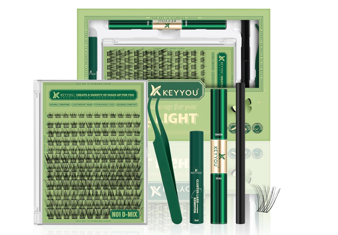 KEYYOU Natural Lash Clusters Kit 144Pcs DIY Lash Extension Kit Wispy Eyelash Extensions Kit D Curl 818MIX with Bond and Seal and tweezers with Thin Lash Band(KITN01D818MIX)