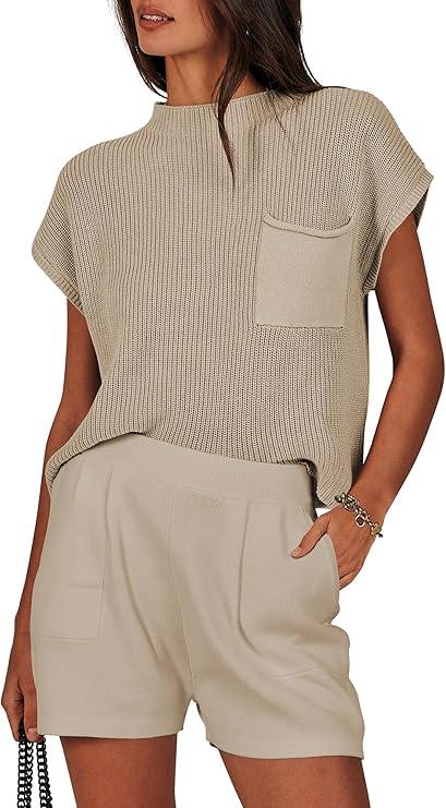 ANRABESS Women's Two Piece Summer Outfits Knit Sweater Short Sets Pullover Tops & Shorts Lounge Matching Clothes Set, Medium  ANRABESS Women's Two Piece Summer Outfits Knit Sweater Short Sets Pullover Tops & Shorts Lounge Matching Clothes Set, Medium