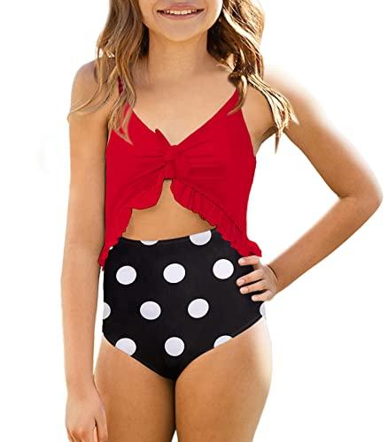 Saodimallsu Girls Ruffle One Piece Cutout Swimsuits Kids Floral High Waisted Tie Front Bathing Suits Red.XS