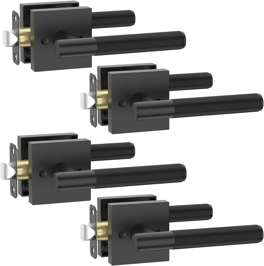 Asidrama 4 Pack Passage Matte Black Door Handles, Door Lever with Door Knobs Indoor for Bedroom or Bathroom, Matte Black Door Handles Interior with Locks for Left Right Sided Doors