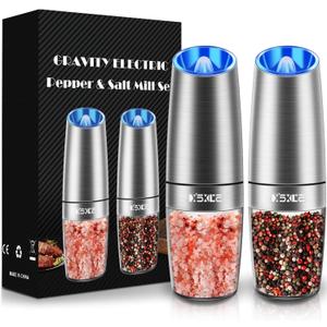 XinXu Gravity Electric Pepper and Salt Grinder Set, Salt/Pepper Mill & Adjustable Coarseness, Battery Powered with LED Light, One Hand Automatic Operation, (Set/Silver)