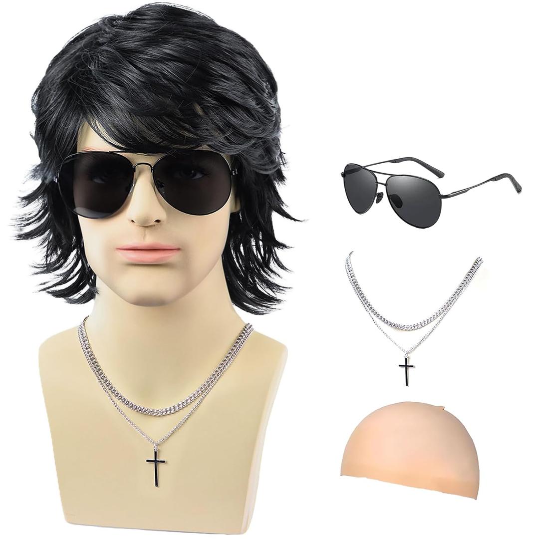 Mens Black Wig+Necklace+Glasses+Wig Cap,Layered Fluffy Wig for Male Daily Party Halloween Cosplay Costume UseBlack