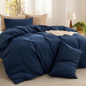 Bedsure Comforter Set Queen Size - Cotton Fabric with Microfiber Inner Fill, Navy PureWoven Soft Bed Set for All Seasons, 3 Pieces, 1 Comforter (90" x 90") and 2 Pillow Cases (20" x 26")
