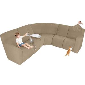 ALIECOM 100% Waterproof Recliner Sectional Couch Covers L Shape Stretch Corner Reclining Sectional Sofa Cover Washable Recliner Slipcover Protector for Dog Pet (5 Seat and 1 Console, Khaki)