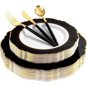 WDF 30Guest Black and Gold Plastic Plates - New Year Plates - Gold Plastic Silverware With Black Handle Baroque Black and Gold Disposable Dinnerware for Halloween & New Year &Parties