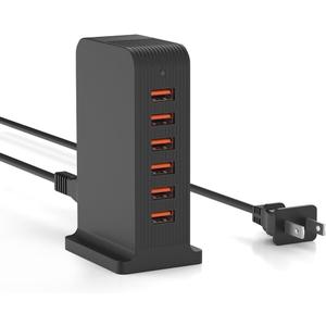 VPSUN USB Charger 6 Port 50W Multi USB Tower Charging Station for Multiple Devices iPhone 15/14/14 Pro/14 Pro Max/13 Pro/13 Pro Max/Android/Samsung/Tablet,etc (Black, 50W)