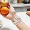 V-MORO Compatible with Apple Watch Band Pearl Series 11/10/9/8/7 45mm/46mm/44mm/42mm Fashion Beaded Elastic Bracelet Bling Jewelry Strap for iwatch SE Series 6/5/4/3/2/1 Pure White,for 5.5"-6.2" Wrist