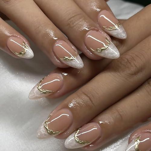 Tyuimhx White French Tip Press on Nails Short Almond Fake Nail with Designs 3D Gold French Line False Nails Glossy Full Cover Stick on Nail Acrylic Artificial Glue on Nail for Women 24 Pcs