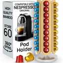 Ibyx 60-Capsule Nespresso Pod Holder  360 Rotating Coffee Storage Stand  Compatible with Nespresso Original  No Assembly, Natural Wood Design