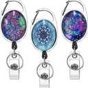 Xoqo Heavy Duty Retractable with Carabiner Badge Reel, Crystal Glass Badge Holder with Belt Clip and Key Ring, Badge Holders for Office Worker Doctor Nurse 3 Pack (Mandala)