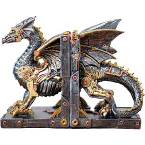 Large Steampunk Fantasy Dragon Statue, Decorative Bookends for Heavy Books, Unique Book Ends Decor for Shelves.