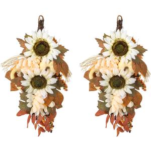 2PCS Fall Teardrop Swag 17.7 Autumn Wall Hanging Wreaths Artificial Pumpkin Maple Swags for Front Door Thanksgiving Harvest Festivals Halloween Decorations (Champagne)