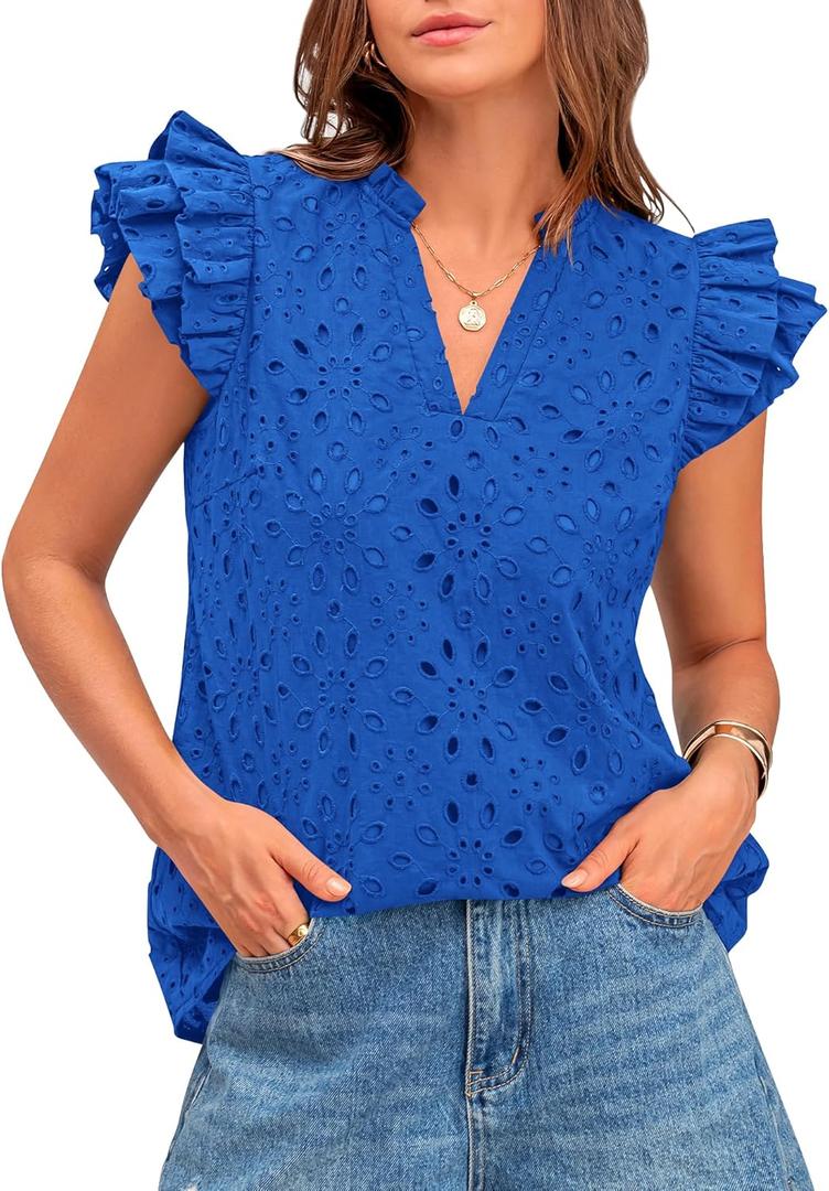 BTFBM Women Summer Eyelet Tops Dressy Casual V Neck Ruffle Cap Sleeve Cotton Boho Shirts Lace Embroidered Blouses 2025 (X-Large, Blue)