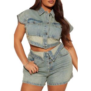 Two Piece Short Denim Sets for Women Summer Button Down Asymmetrical Waisted Sexy Cowgirl Jean Outfits (Blue, M)