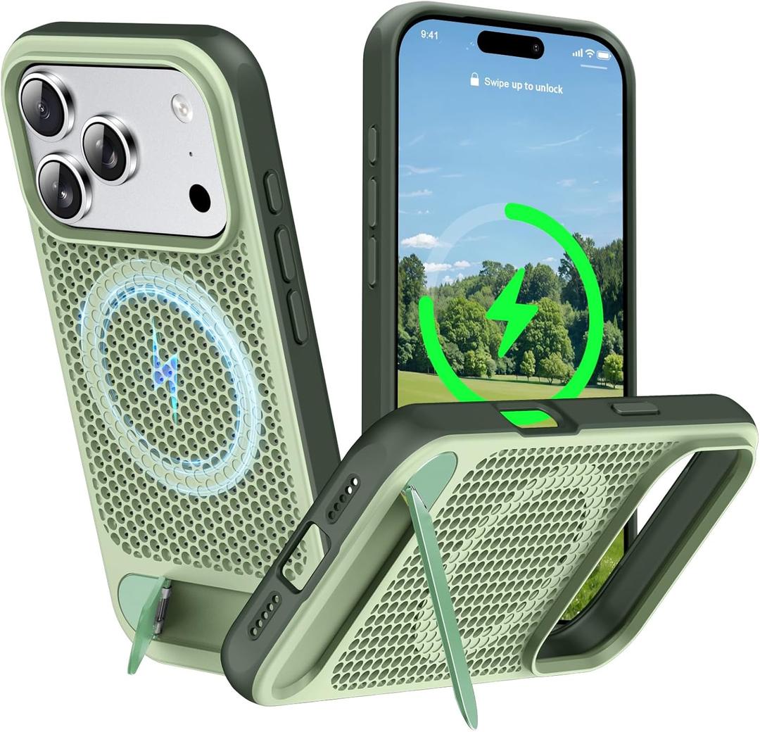 for Magnetic Heat Dissipatio case for iPhone 17 Pro Max, for MagSafe, Cooling Drop Protection, Adjustable Metal Kickstand, Vibrant Color Blocking Soft Silicone Material - Green