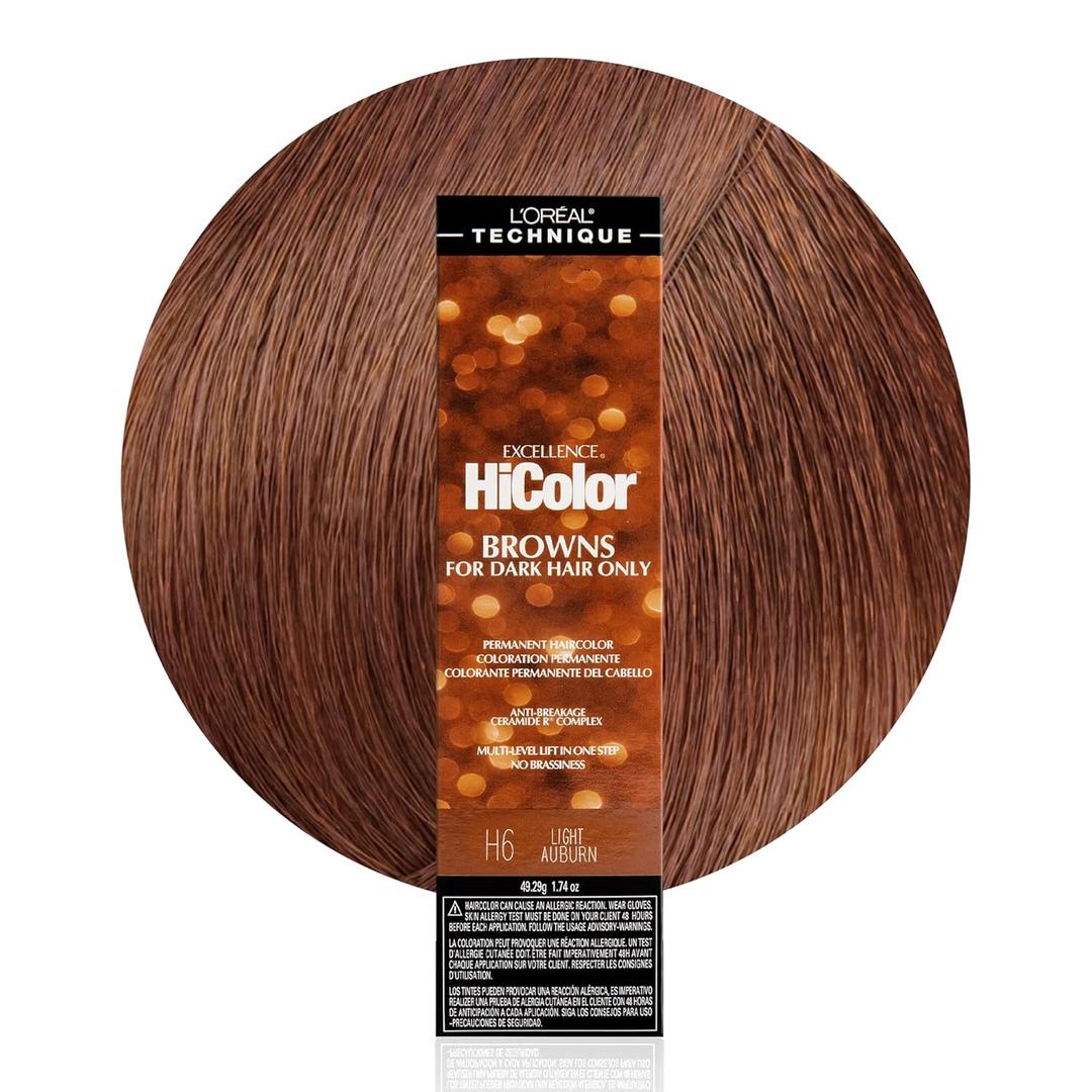 L'Oral Technique HiColor Browns & Blondes Permanent Hair Color | Lifts Dark Hair in One Step | No Brassiness | Rich, Smooth Creme Formula | Intense, Long-Lasting Color | Coolest Brown (H6 Light Auburn)