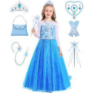 IBQ Girls Blue Dress Set for Kids Princess Costume Cosplay Cute Dress Up Birthday Outfits Gift Theme Party (100/(3-4 Years))