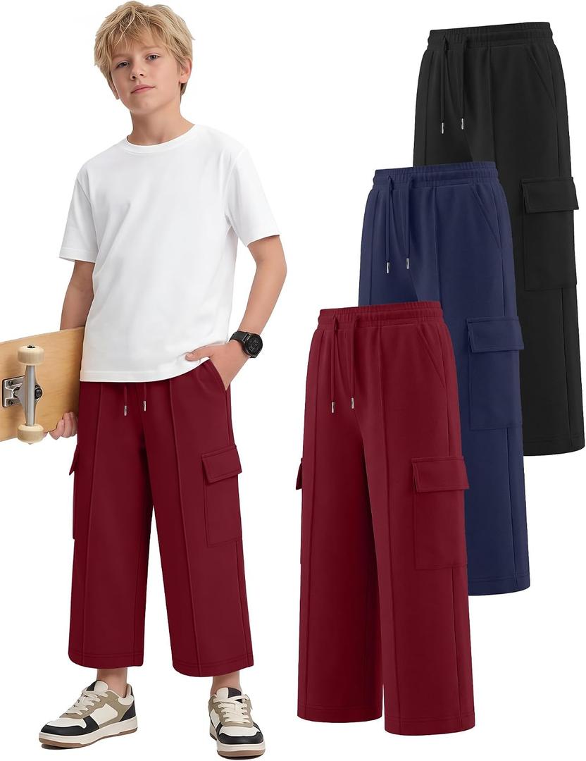 3 Pack Boys Capri Pants Drawstring Elastic Waisted Teens Cargo Joggers Pull on Casual Sweatpants with Pockets