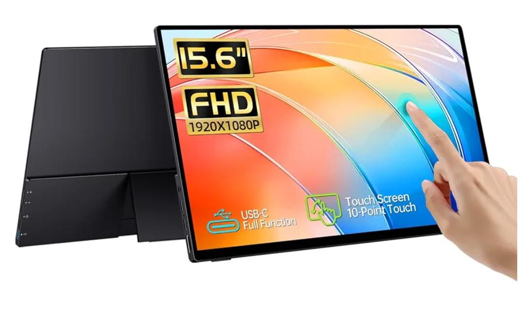 15.6'' Portable Monitor Touchscreen, FHD IPS Touch Screen with Tempered Glass, Travel Monitor with Kickstand & Speaker, HDMI USB C External Monitors for Mac Laptop Phone Computer