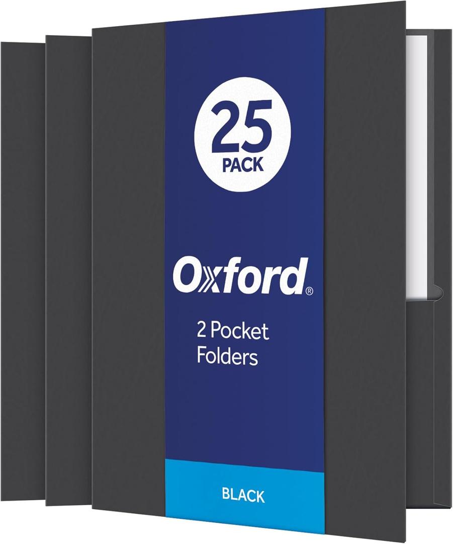 Oxford TwinPocket Folders, Textured Paper, Letter Size, Black, Holds 100 Sheets, Box of 25 (57506EE), 81/2 x 11