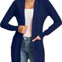Women's Cardigan Sweaters Long Sleeve Soft Open Front Knit Cardigan with Pockets (Medium, Navy)