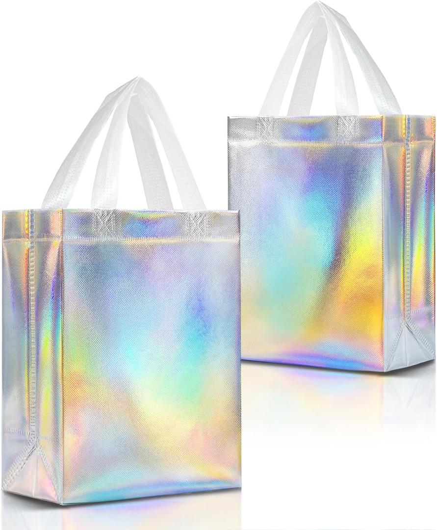 Nush Nush Iridescent Gift Bags Medium Size - Set of 12 Reusable Holographic Gift Bags with Handles - Goodie Bag for Birthdays, Bachelorette, Weddings, Holidays, Valentines, Events - 8"W x 4"D x 10"H