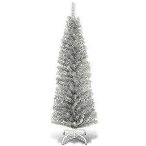  6FT Silver Tinsel Tree Unlit Slim Pencil Christmas Tree Metal