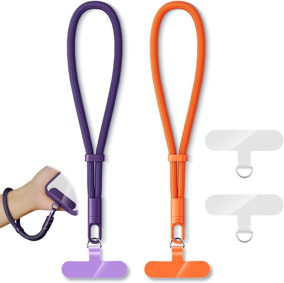 KITANIS 2 Pack Phone Lanyard,2Hand Wrist Strap,4Tether Tabs,Universal Cell Phone Multifuctional Patch Polyester Lanyards,Cell Phone Hand Strap for Women and Men(Purple,Orange)