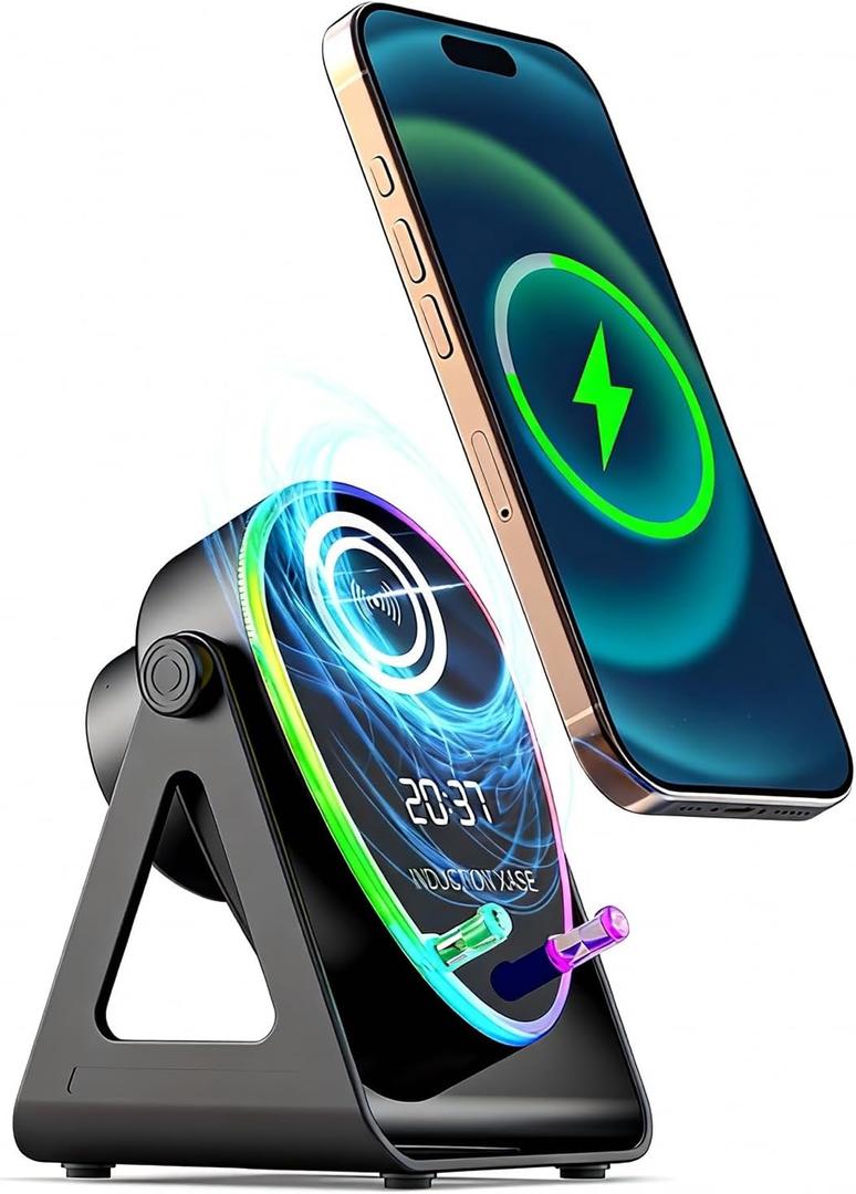 5 in 1 Induction Bluetooth Speaker with Phone Stand, 1800mAh RGB Lighting Induction Speaker, 360 Surround Sound, 4-13" Device Fit, Ideal for Men Women, Parties, Gaming