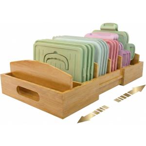 Lid Organizer for Cabinet  Bamboo Kitchen Storage for Plastic Lids, Adjustable Drawer Dividers, Food Container Organizer (Fits Cabinets & Drawers) (Large)