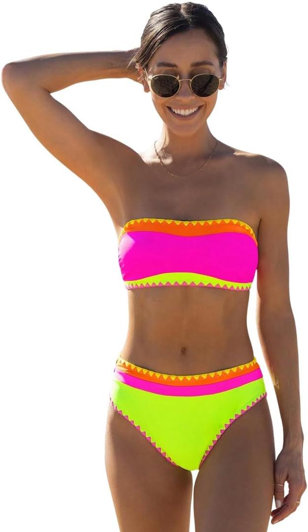 ZAFUL Women's High Cut Bandeau Bikini Set Strapless Solid Color 2 Pieces Bathing Suit Swimsuit (Large, 10-black Red)