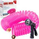Yereen Garden Hose 25FT EVA Water Hose with 7-Pattern Spray Nozzle,Curly Self Coiling Lightweight Garden Hose,Retractable Drinking Water Safe Garden Coil Hose for Lawn Patio (Pink)