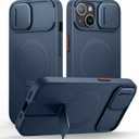 SURITCH for iPhone 15 Case with Magnetic Camera Slide Cover and Adjustable Kickstand, Compatible with MagSafe, Shockproof Bumper Case Slim Protective Cover 6.1 Inch, Blue