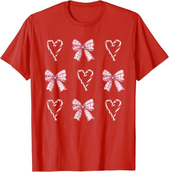 Heart Candy Cane Pink Bow Christmas T-Shirt (Red, M)