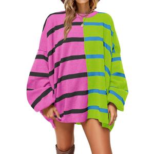 Fisoew Womens Striped Pullover Sweater Crew Neck Long Sleeve Knitted Color Block Casual Loose Lightweight Sweaters for Women (Large, Rose Red)