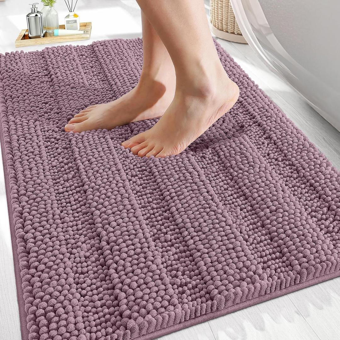 OLANLY Thick Bathroom Rugs 30x20, Extra Soft Absorbent Chenille Striped Bath Rugs, Rubber Backing, Machine Wash Dry, Bath Mats for Bathroom Floor, Tub and Shower, Home Decor Accessories, Deep Plum