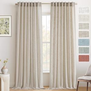 Semi Sheer Linen Curtains 84 Inches Long for Living Room Natural Colored Light Filtering Window Treatment Panels Back Tab/Rod Pocket Neutral Drapes for Bedroom/Farmhouse, 2 Panel 7 FT