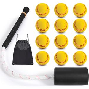 Baseball & Softball Swing Trainer Bat - Batting Practice Equipment - Includes Rope Swing Training Bat with 12 Training Balls & Tote Bag, Training Tool, Batting Aid
