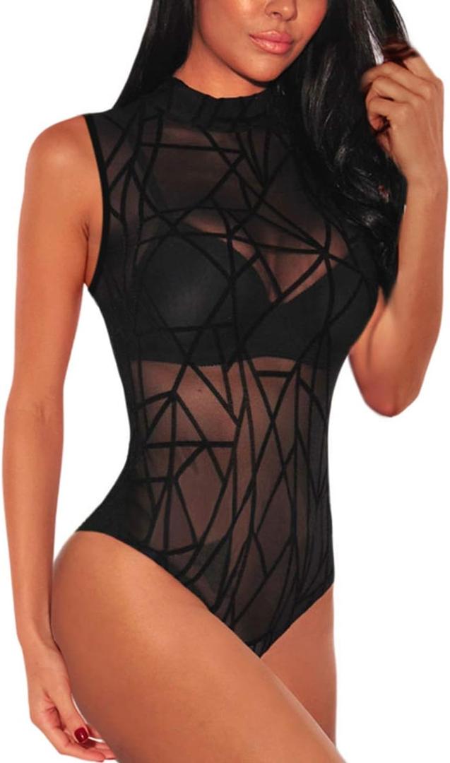 SEBOWEL Women Long Sleeves Mesh See Through Jumpsuit Bodysuit Top Leotard (Large, 12# Black)