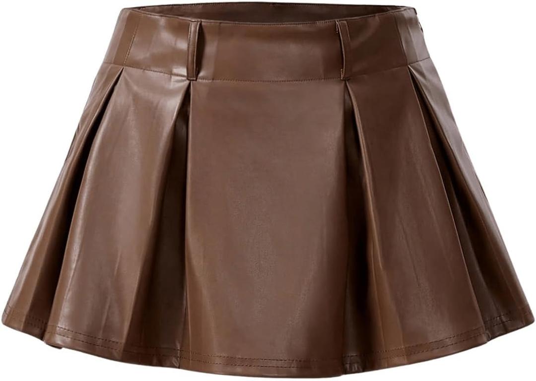 SweatyRocks Women's PU Leather A Line Mini Skirt Flared Hem Pleated Skirts with Shorts (Brown, S)