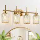 Modern Crystal Bathroom Vanity Light, 4-Light Gold Bathroom Light Fixtures Over Mirror, Crystal Vanity Light with Brushed Gold Finish (Bulbs Not Included)