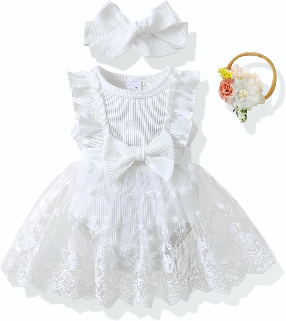Renotemy Newborn Baby Girl Lace Romper Infant Summer Boho Flower Tulle Dress Party Gifts Newborn Photography Outfits (White)