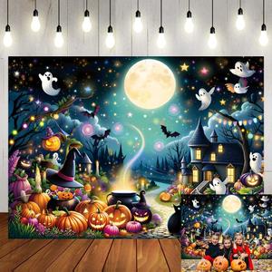 Cartoon Halloween Backdrop Cute Ghost Pumpkin Full Moon Night Magic Cauldron Bat Castle Forest Photography Background Kids Adults Birthday Party Decoration Banner Photo Props (7x5FT)