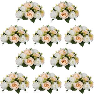 NUPTIO Artificial Flower Centerpieces for Tables: 10 Pcs Peachy Champagne & White Flower Ball Arrangement for Wedding Party - 9.5 Inch Diameter Floral Rose for Bridal Shower Decor