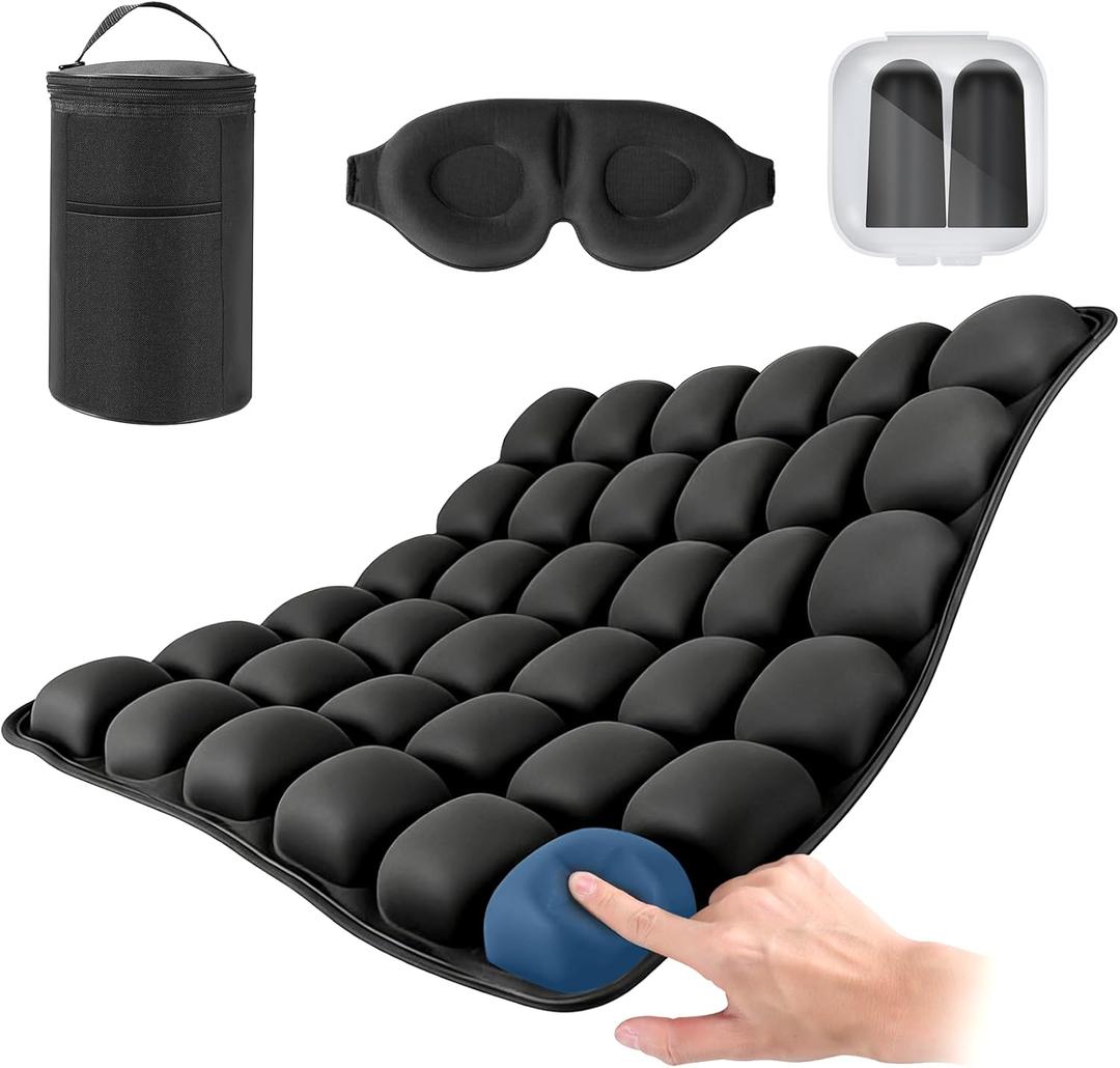 Portable Inflatable Seat Cushion, Airplane Travel Cushion Kit with Storage Pouch, Eye Mask & Earplugs, Fits Airplane Seat/Car/Office/Chairs (36 Air Cells)