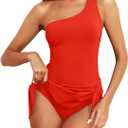 Tempt Me Women One Piece Swim Dress One Shoulder Swimsuit with Skirt Tummy Control Swimdress Bathing Suit (Orange, XL)