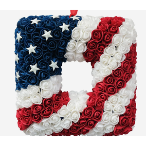 18 Inch Patriotic Red White Blue Large Square Shape Flower Wreath for Front Door, Forth of July American Flag Color Soft Touch Floral Wreath for Indoor and Outdoor, Independence Day Home Decor