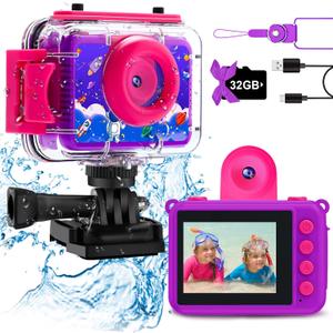 Pool Toy & Kids Underwater Camera - 99FT Waterproof Kid Action Camera 1080P Video&20MP Photo with Flip Lens, Includes 32GB Card for Diving Swimming Beach Snorkeling,Birthday Gift for Girls - GKTZ (Dark purple)