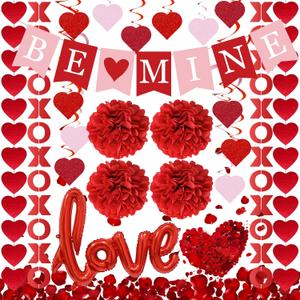 Red Valentine's Day Decoration Set, BE MINE Banner, Love Heart XO Garlands, Rose Petals, Hanging Swirls, Foil Love Balloons For Party Home Classroom Wedding Bedroom Office