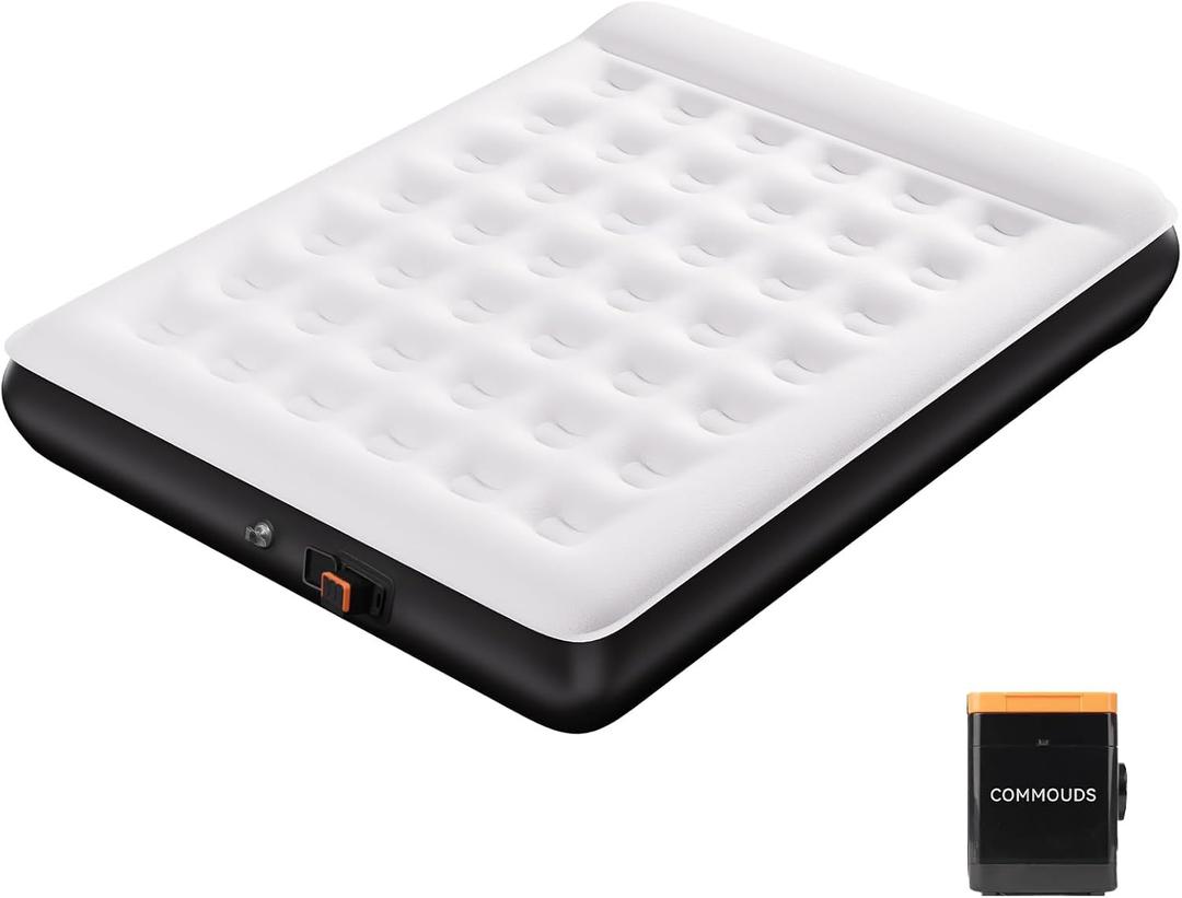 COMMOUDS Queen Air Mattress with Built-in USB Rechargeable Air Pump, Camping Blow up Mattress, Portable Inflatable Mattress, Air Bed for Outdoor, Travel, Home and Guest, 8" Raised